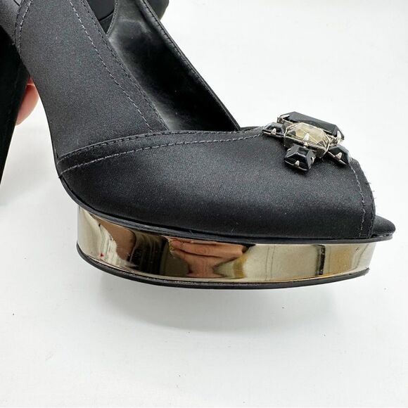 BCBGMaxAzria Black Satin Jeweled Sandals w/Mirrored Platform Cone Heel‎ Sz 8 38 - Picture 9 of 15